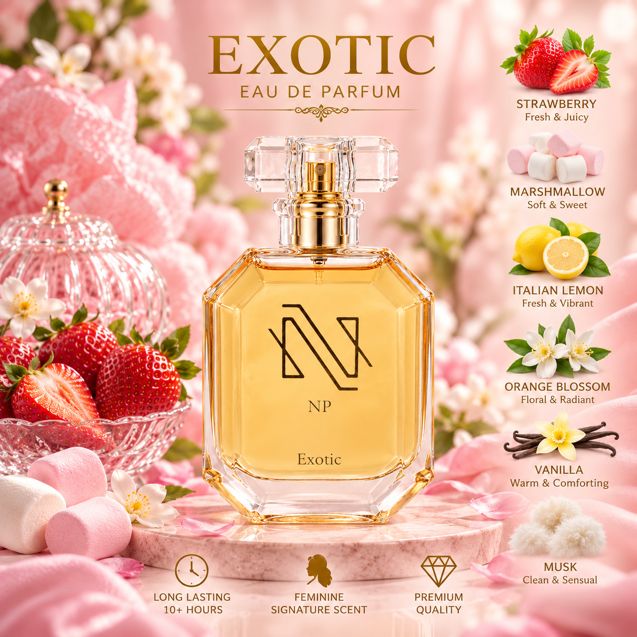 Nexus Perfumes EXOTIC fragrance notes poster for women in Kenya