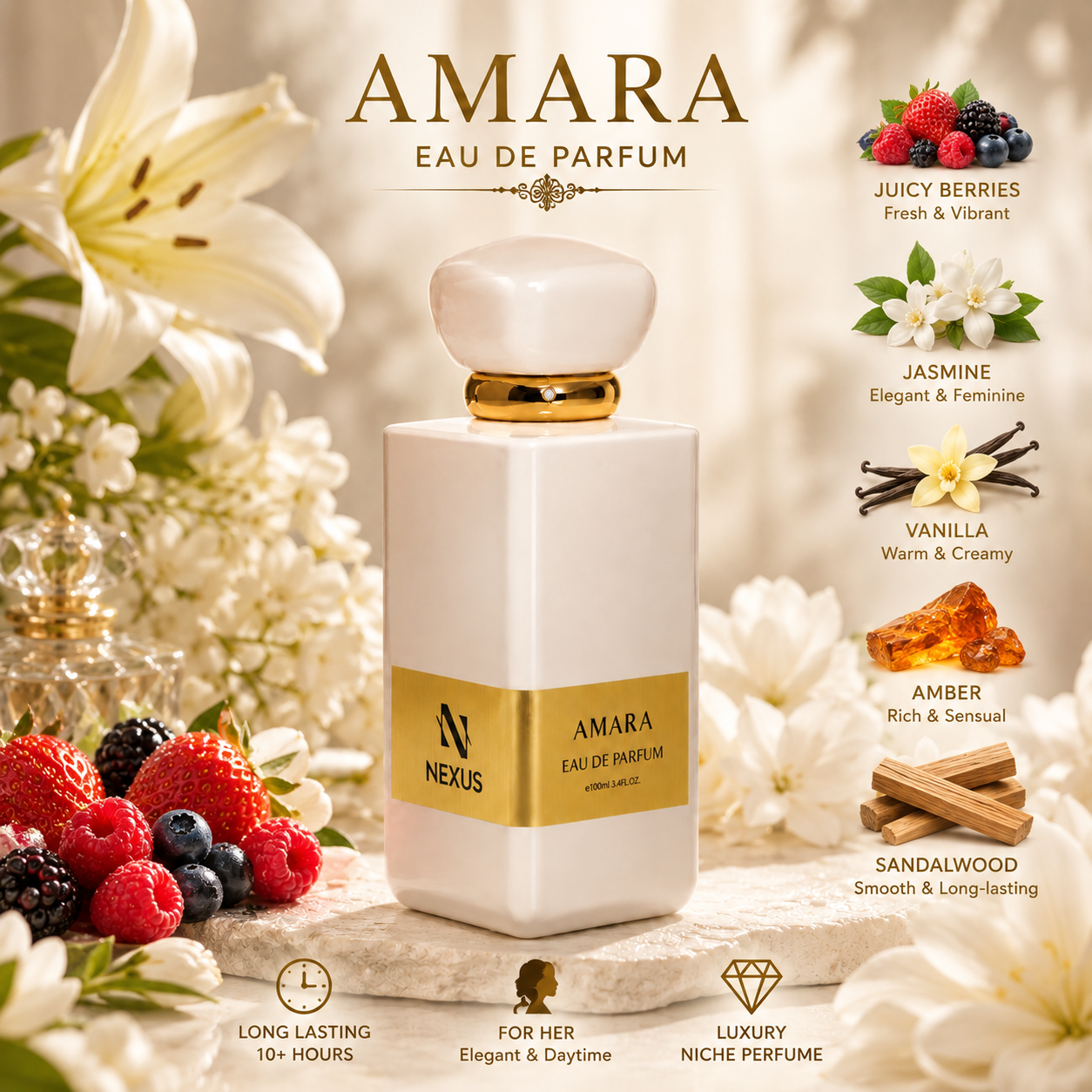Nexus Perfumes AMARA fragrance notes poster for women in Kenya