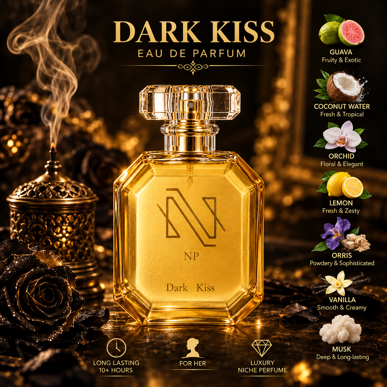 Nexus Perfumes DARK KISS fragrance notes poster for women in Kenya