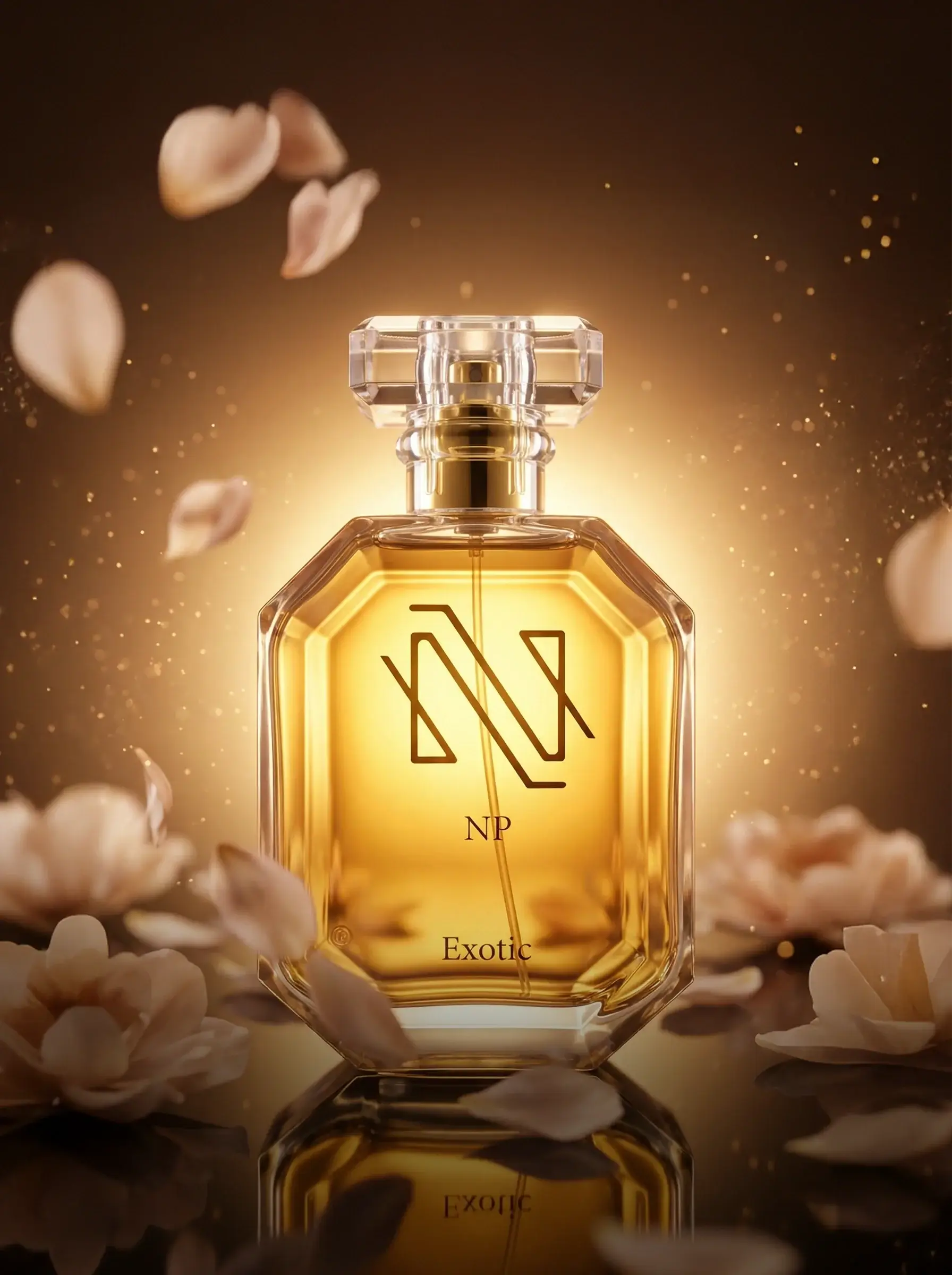 Exotic Perfume bottle with 'NP' logo surrounded by flowers on a dark background