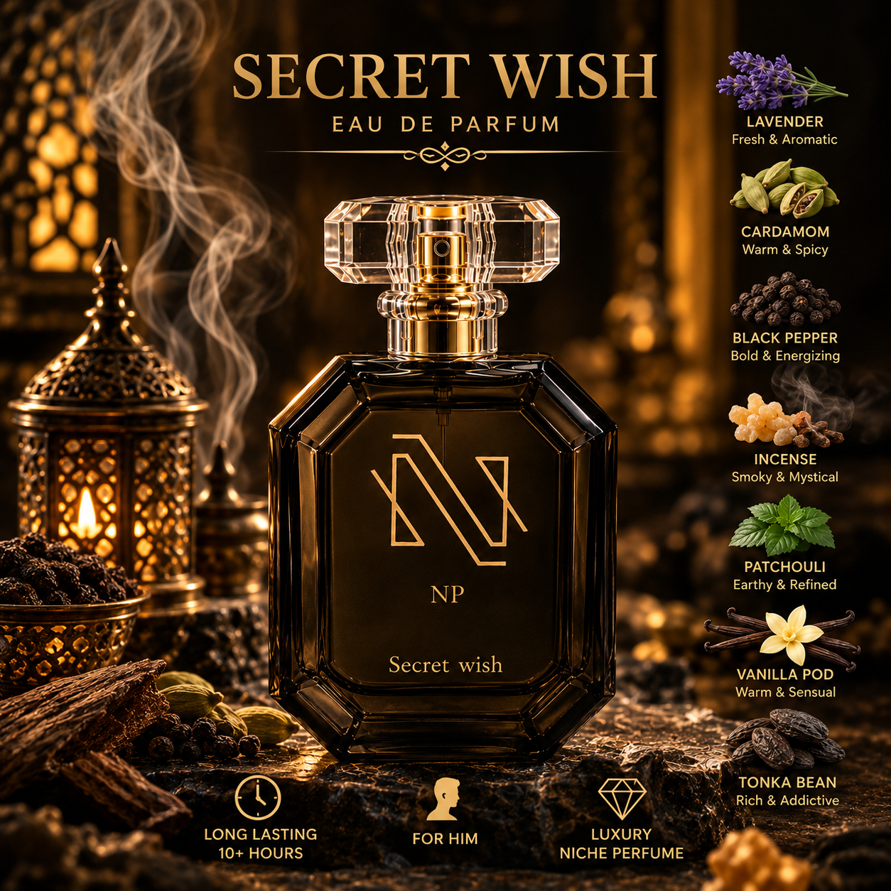 Nexus Perfumes SECRET WISH fragrance notes poster for men in Kenya