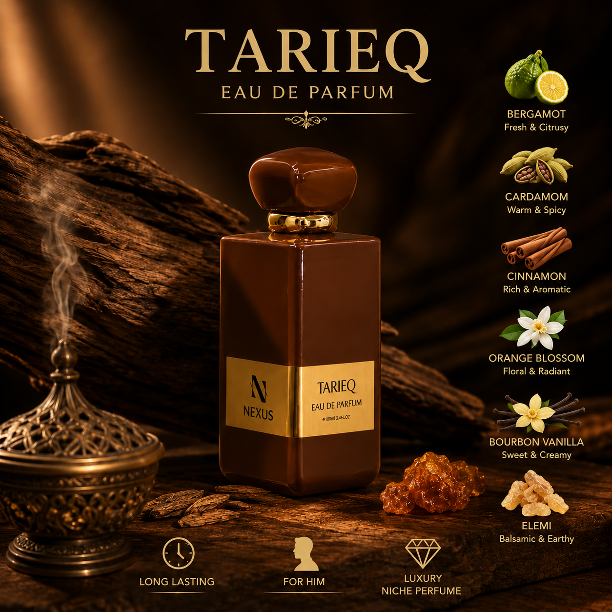 Nexus Perfumes TARIEQ fragrance notes poster for men in Kenya